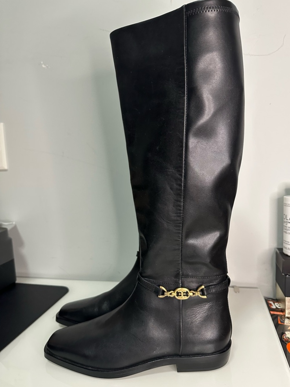 SAM EDELMAN Black Knee-High Riding Boots with Gold Accent